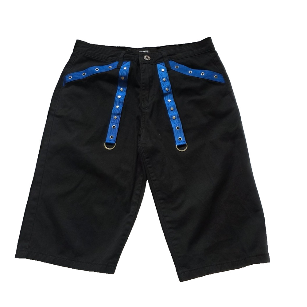 Hot Topic Shorts Mens Size 32 Black Blue Straps Grommets YK2 Punk Rock Goth
